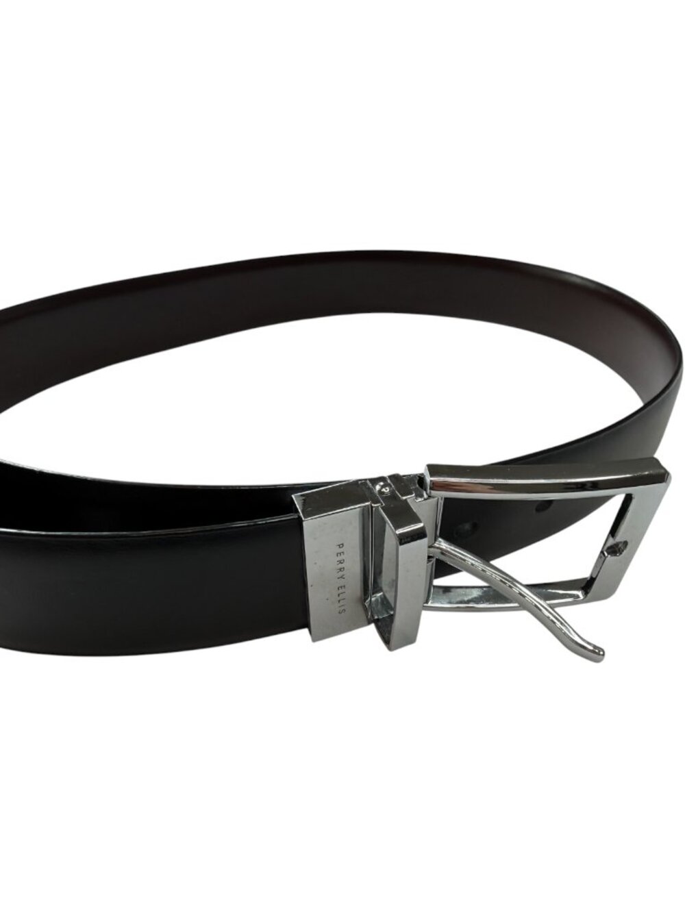 Perry Ellis Belt, Black, Leather with Silver Rectangular Buckle